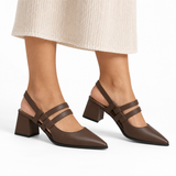 Slingback Heels Chocolate Brown – جزمة كعب حريمي سلينج باك جلد صناعي بني شوكولاتة، على الرجل – ECADRA