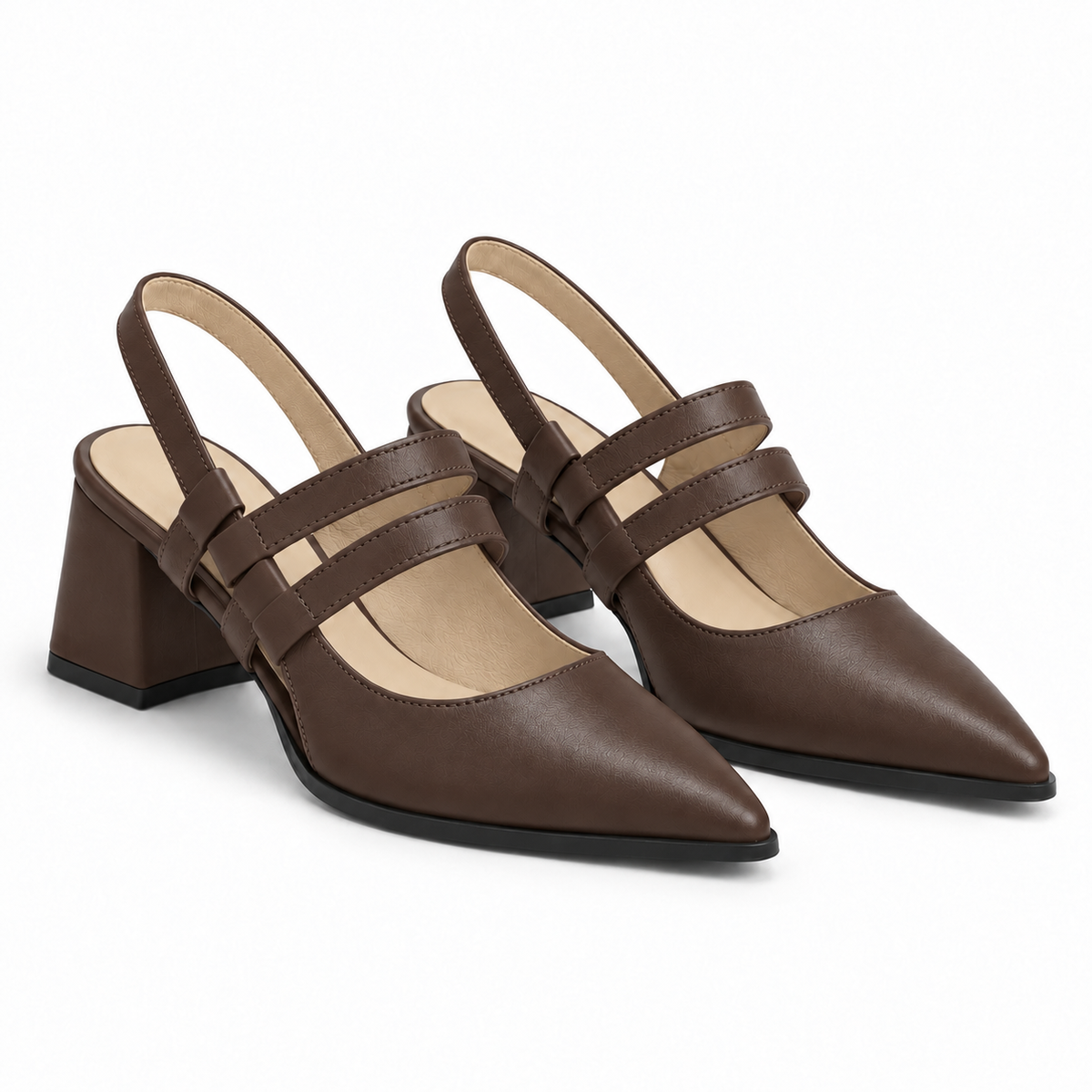 Slingback Heels Chocolate Brown – جزمة كعب حريمي سلينج باك جلد صناعي بني شوكولاتة، من الجنب – ECADRA