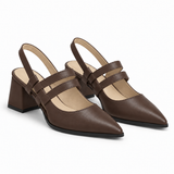 Slingback Heels Chocolate Brown – جزمة كعب حريمي سلينج باك جلد صناعي بني شوكولاتة، من الجنب – ECADRA