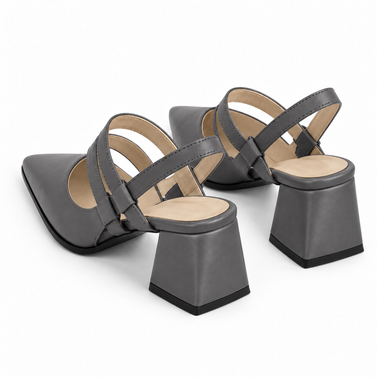 Slingback Heels Grey – جزمة كعب حريمي سلينج باك جلد صناعي رمادي، من ورا – ECADRA