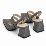 Slingback Heels Grey – جزمة كعب حريمي سلينج باك جلد صناعي رمادي، من ورا – ECADRA