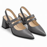 Slingback Heels Grey – جزمة كعب حريمي سلينج باك جلد صناعي رمادي، من قدام – ECADRA