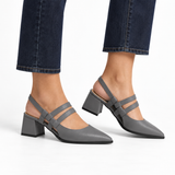 Slingback Heels Grey – جزمة كعب حريمي سلينج باك جلد صناعي رمادي، على الرجل – ECADRA