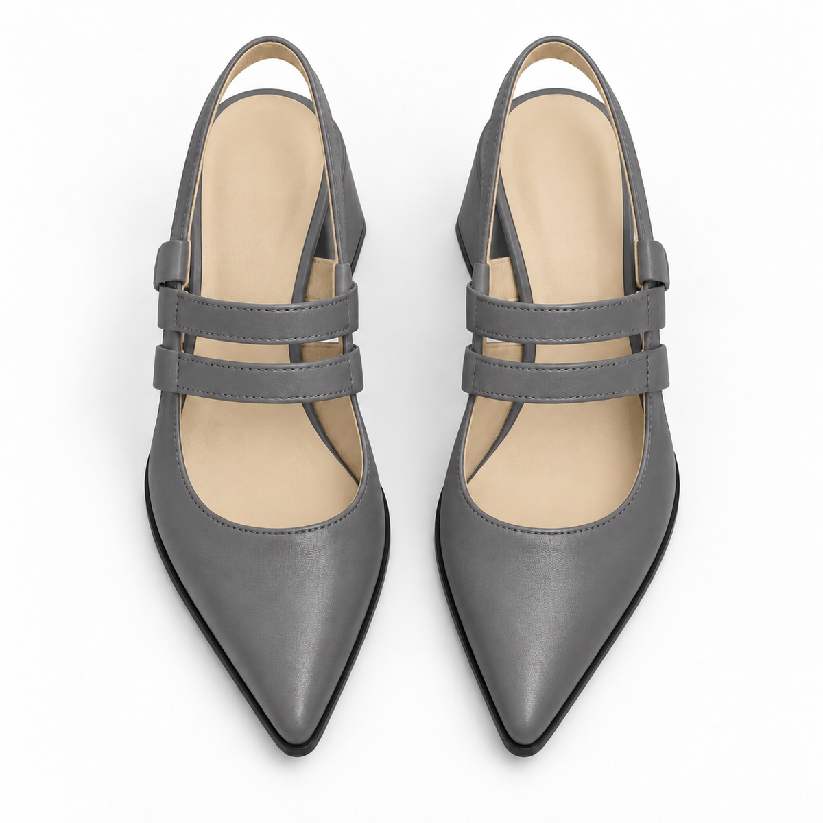 Slingback Heels Grey – جزمة كعب حريمي سلينج باك جلد صناعي رمادي، من فوق – ECADRA
