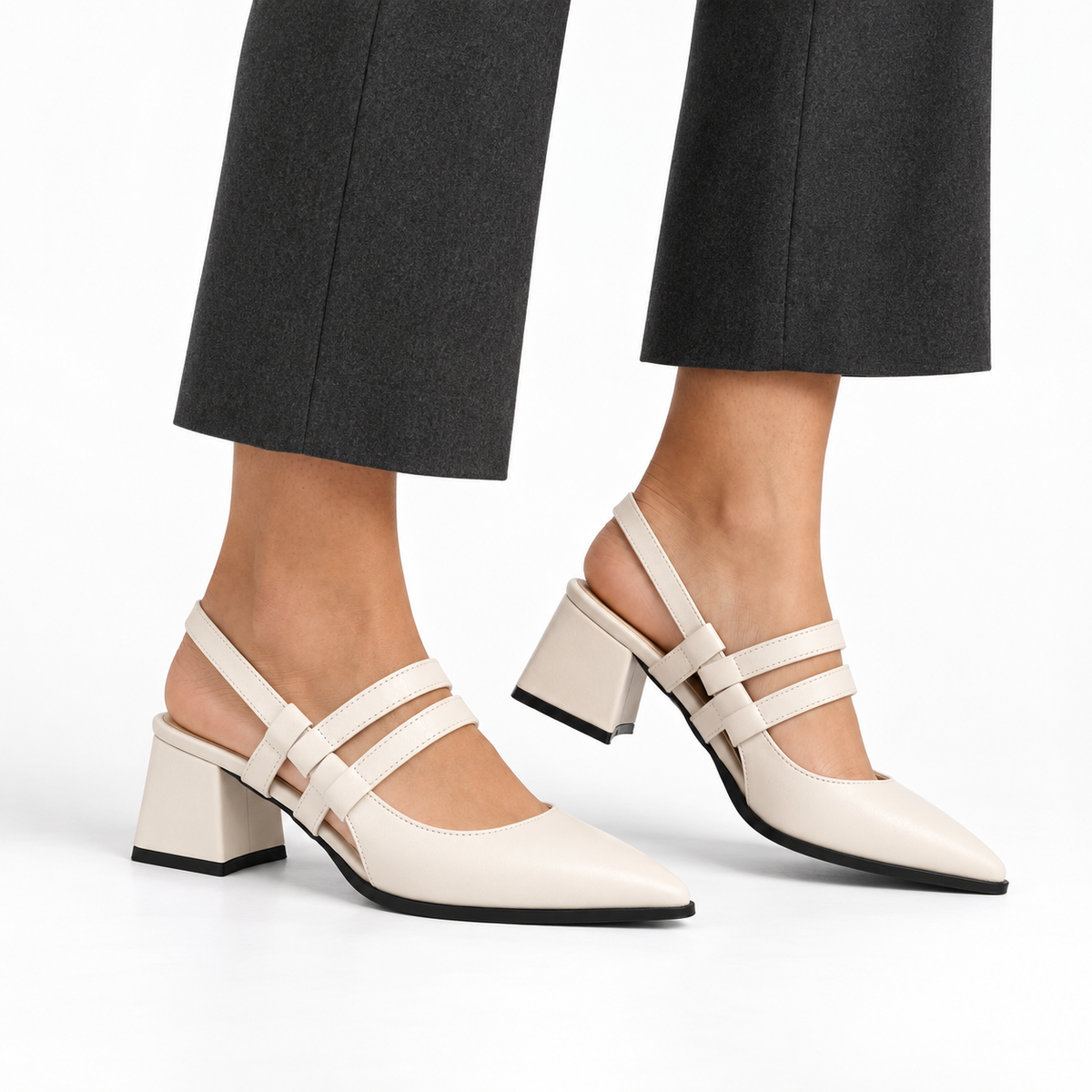 Slingback Heels Ivory – جزمة كعب حريمي سلينج باك جلد صناعي أوف وايت، على الرجل – ECADRA