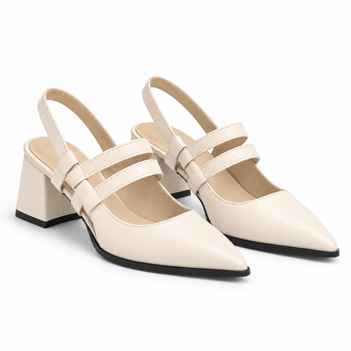 Slingback Heels Ivory – جزمة كعب حريمي سلينج باك جلد صناعي أوف وايت، من الجنب – ECADRA