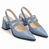 Slingback Heels Light Blue – جزمة كعب حريمي سلينج باك جلد صناعي بيبي بلو، من قدام – ECADRA