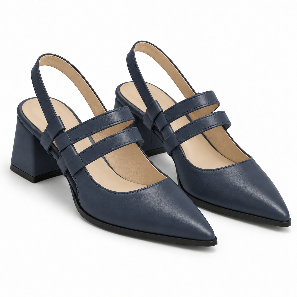 Slingback Heels Navy Blue – جزمة كعب حريمي سلينج باك جلد صناعي كحلي، من قدام – ECADRA