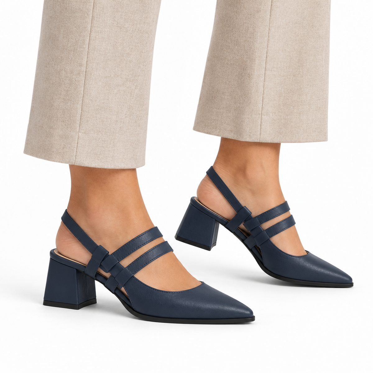 Slingback Heels Navy Blue – جزمة كعب حريمي سلينج باك جلد صناعي كحلي، على الرجل – ECADRA