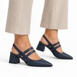 Slingback Heels Navy Blue – جزمة كعب حريمي سلينج باك جلد صناعي كحلي، على الرجل – ECADRA