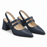Slingback Heels Navy Blue – جزمة كعب حريمي سلينج باك جلد صناعي كحلي، من الجنب – ECADRA