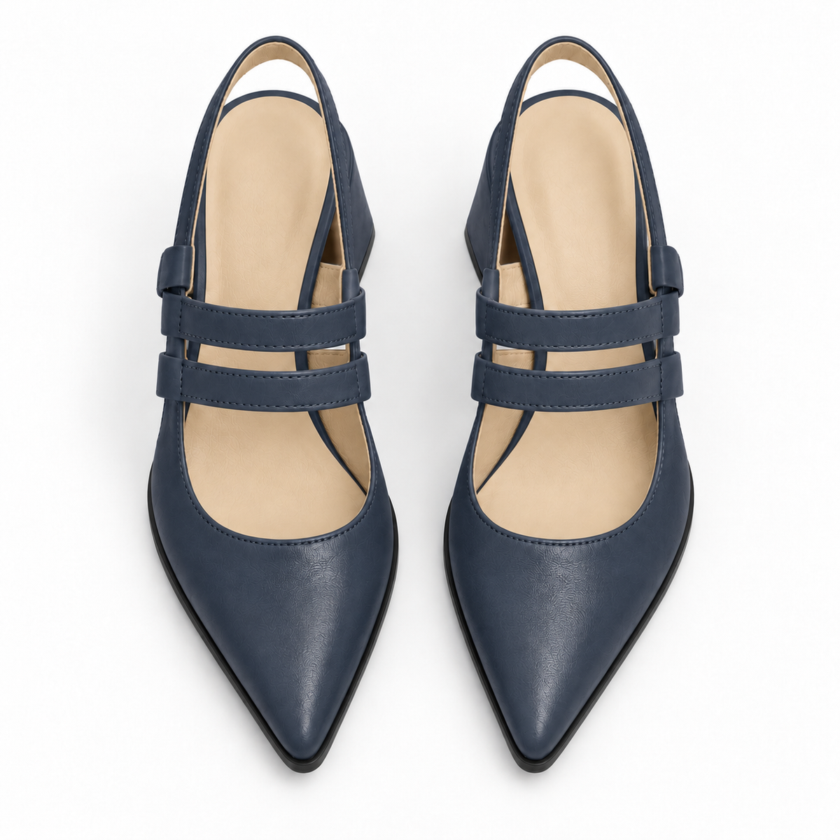 Slingback Heels Navy Blue – جزمة كعب حريمي سلينج باك جلد صناعي كحلي، من فوق – ECADRA
