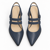 Slingback Heels Navy Blue – جزمة كعب حريمي سلينج باك جلد صناعي كحلي، من فوق – ECADRA