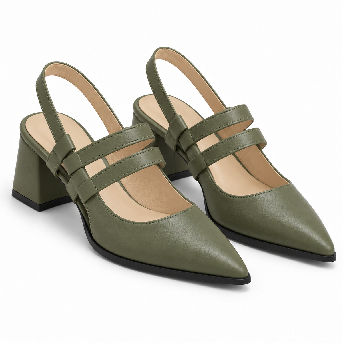 Slingback Heels Olive – جزمة كعب حريمي سلينج باك جلد صناعي زيتي، من قدام – ECADRA