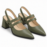 Slingback Heels Olive – جزمة كعب حريمي سلينج باك جلد صناعي زيتي، من قدام – ECADRA