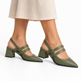 Slingback Heels Olive – جزمة كعب حريمي سلينج باك جلد صناعي زيتي، على الرجل – ECADRA