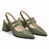 Slingback Heels Olive – جزمة كعب حريمي سلينج باك جلد صناعي زيتي، من الجنب – ECADRA