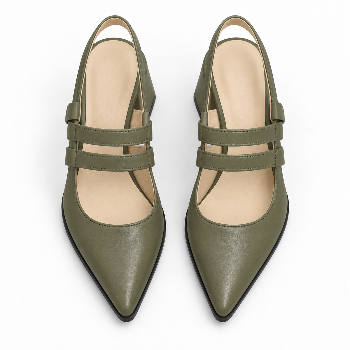 Slingback Heels Olive – جزمة كعب حريمي سلينج باك جلد صناعي زيتي، من فوق – ECADRA