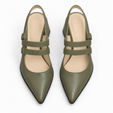 Slingback Heels Olive – جزمة كعب حريمي سلينج باك جلد صناعي زيتي، من فوق – ECADRA