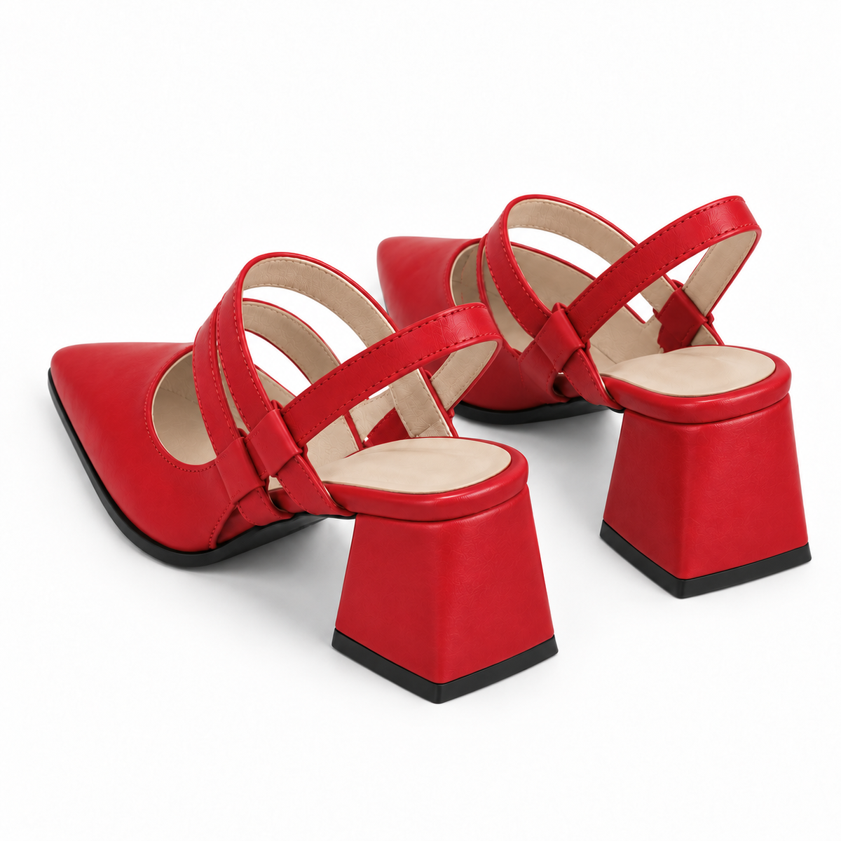 Slingback Heels Red – جزمة كعب حريمي سلينج باك جلد صناعي أحمر، من ورا – ECADRA