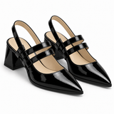 Slingback Heels Black – جزمة كعب حريمي سلينج باك جلد لامع أسود، من قدام – ECADRA