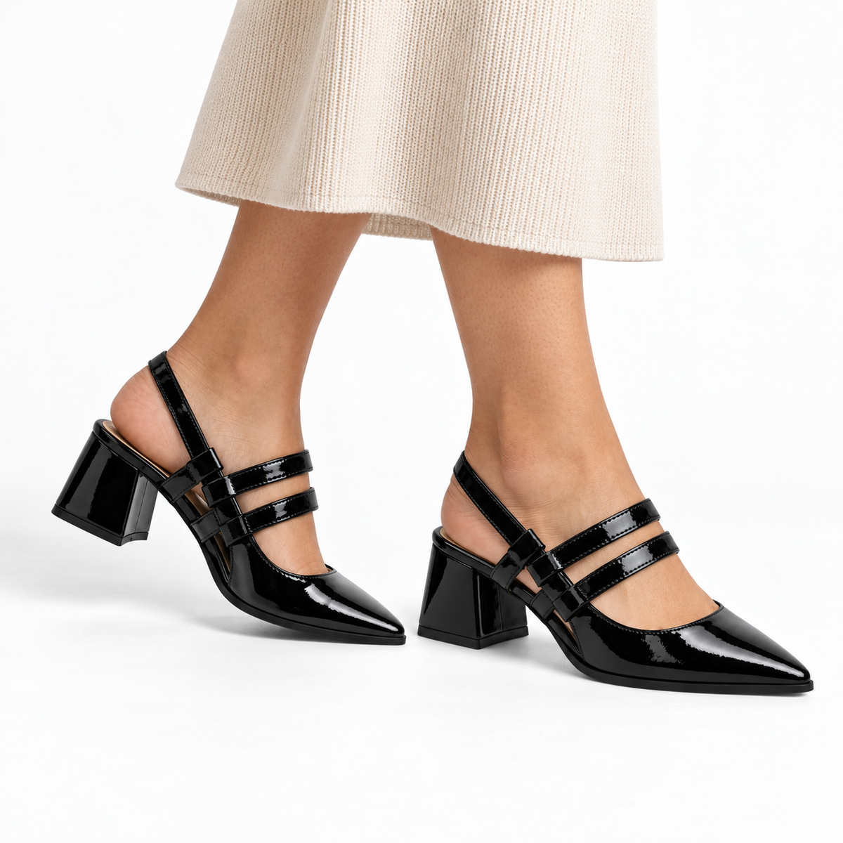 Slingback Heels Black – جزمة كعب حريمي سلينج باك جلد لامع أسود، على الرجل – ECADRA