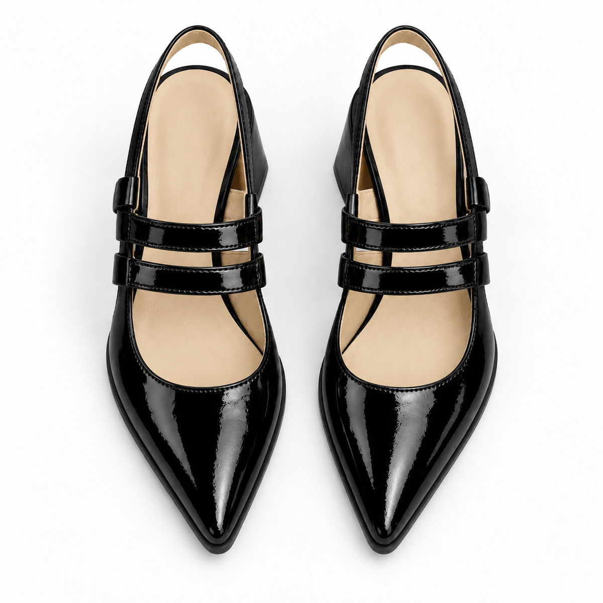 Slingback Heels Black – جزمة كعب حريمي سلينج باك جلد لامع أسود، من فوق – ECADRA