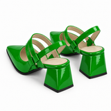 Slingback Heels Bright Green – جزمة كعب حريمي سلينج باك جلد لامع أخضر فاقع، من ورا – ECADRA