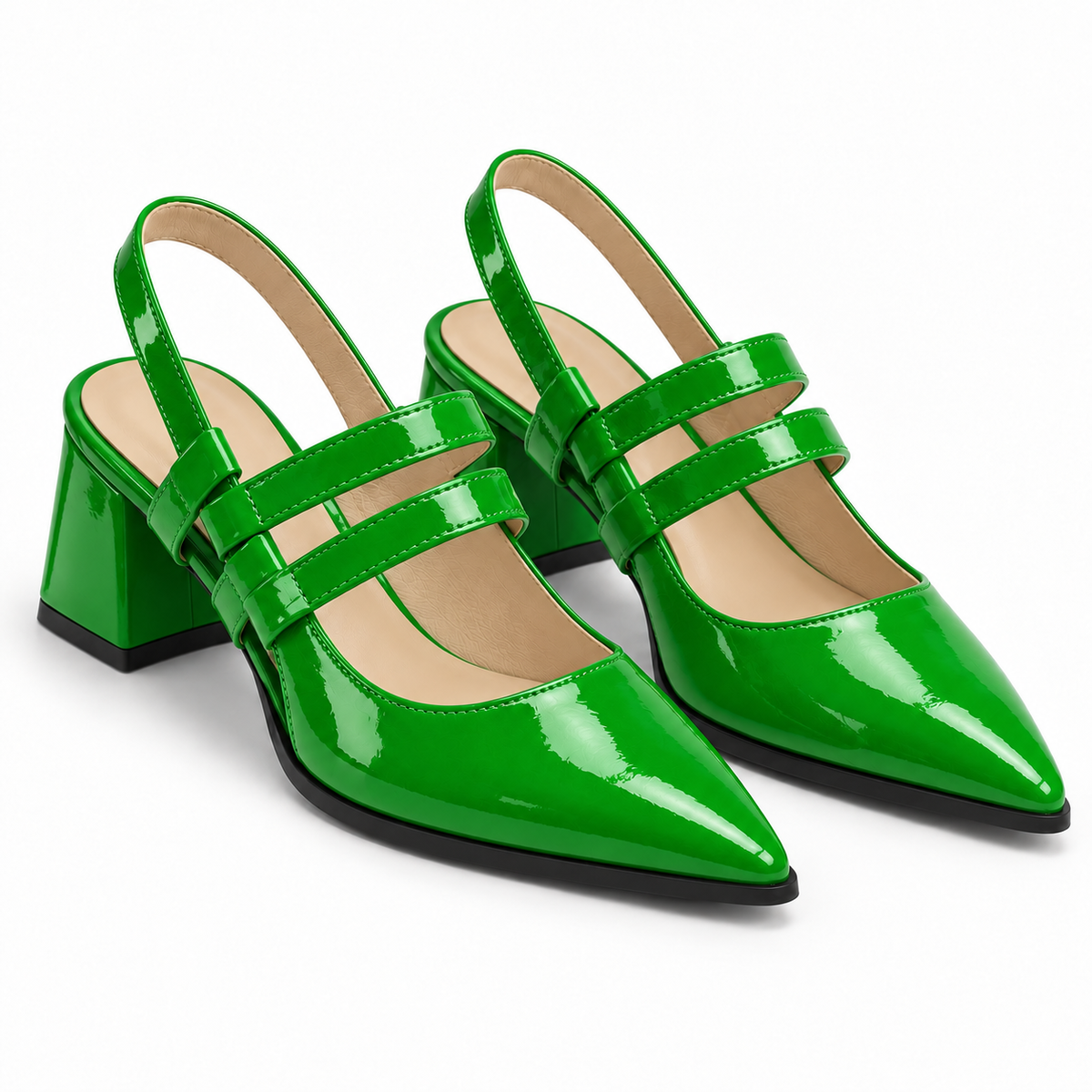 Slingback Heels Bright Green – جزمة كعب حريمي سلينج باك جلد لامع أخضر فاقع، من قدام – ECADRA