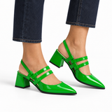 Slingback Heels Bright Green – جزمة كعب حريمي سلينج باك جلد لامع أخضر فاقع، على الرجل – ECADRA
