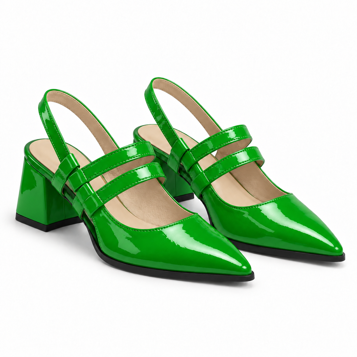 Slingback Heels Bright Green – جزمة كعب حريمي سلينج باك جلد لامع أخضر فاقع، من الجنب – ECADRA