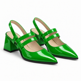 Slingback Heels Bright Green – جزمة كعب حريمي سلينج باك جلد لامع أخضر فاقع، من الجنب – ECADRA