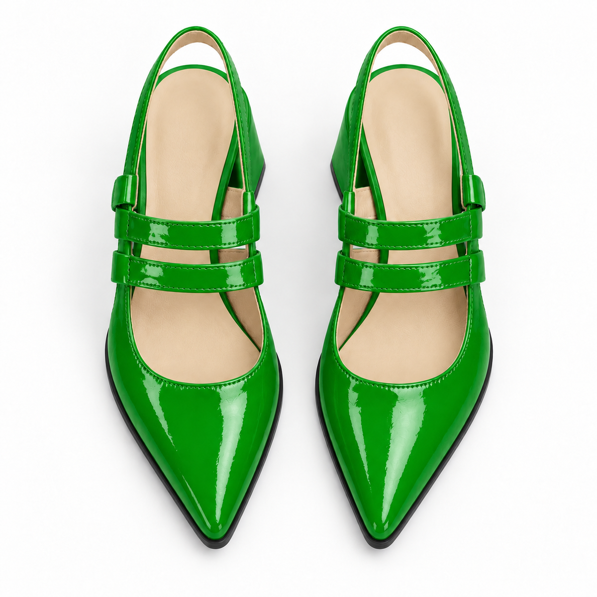 Slingback Heels Bright Green – جزمة كعب حريمي سلينج باك جلد لامع أخضر فاقع، من فوق – ECADRA