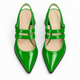 Slingback Heels Bright Green – جزمة كعب حريمي سلينج باك جلد لامع أخضر فاقع، من فوق – ECADRA