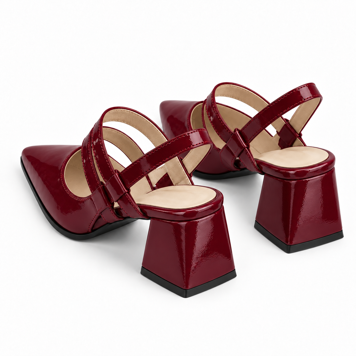 Slingback Heels Burgundy – جزمة كعب حريمي سلينج باك جلد لامع نبيتي، من ورا – ECADRA