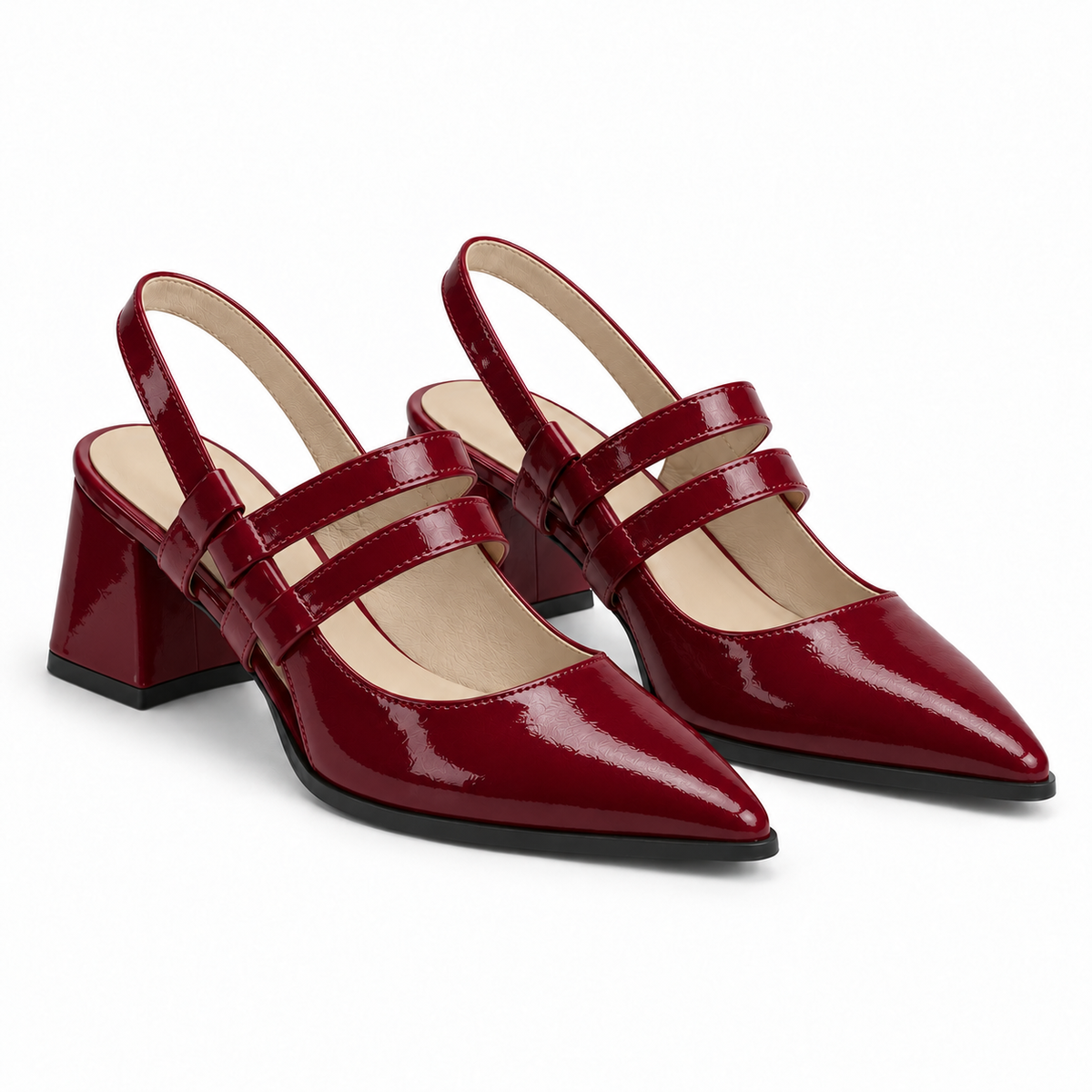 Slingback Heels Burgundy – جزمة كعب حريمي سلينج باك جلد لامع نبيتي، من الجنب – ECADRA