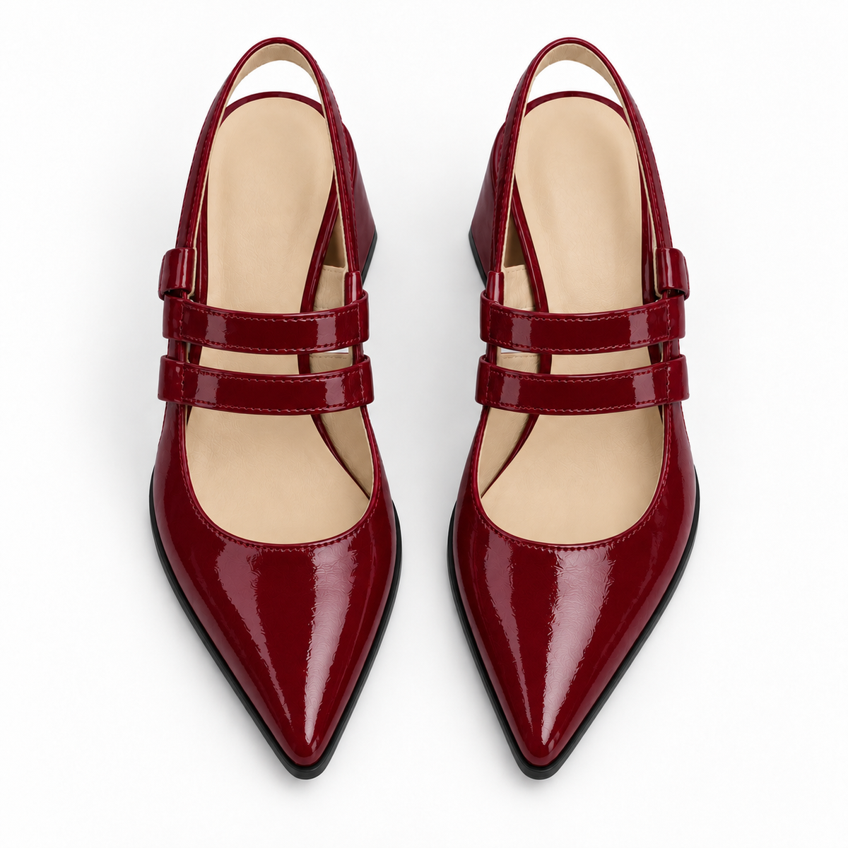 Slingback Heels Burgundy – جزمة كعب حريمي سلينج باك جلد لامع نبيتي، من فوق – ECADRA