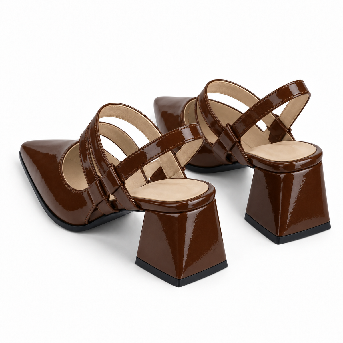 Slingback Heels Chocolate – جزمة كعب حريمي سلينج باك جلد لامع شوكولاتة، من ورا – ECADRA