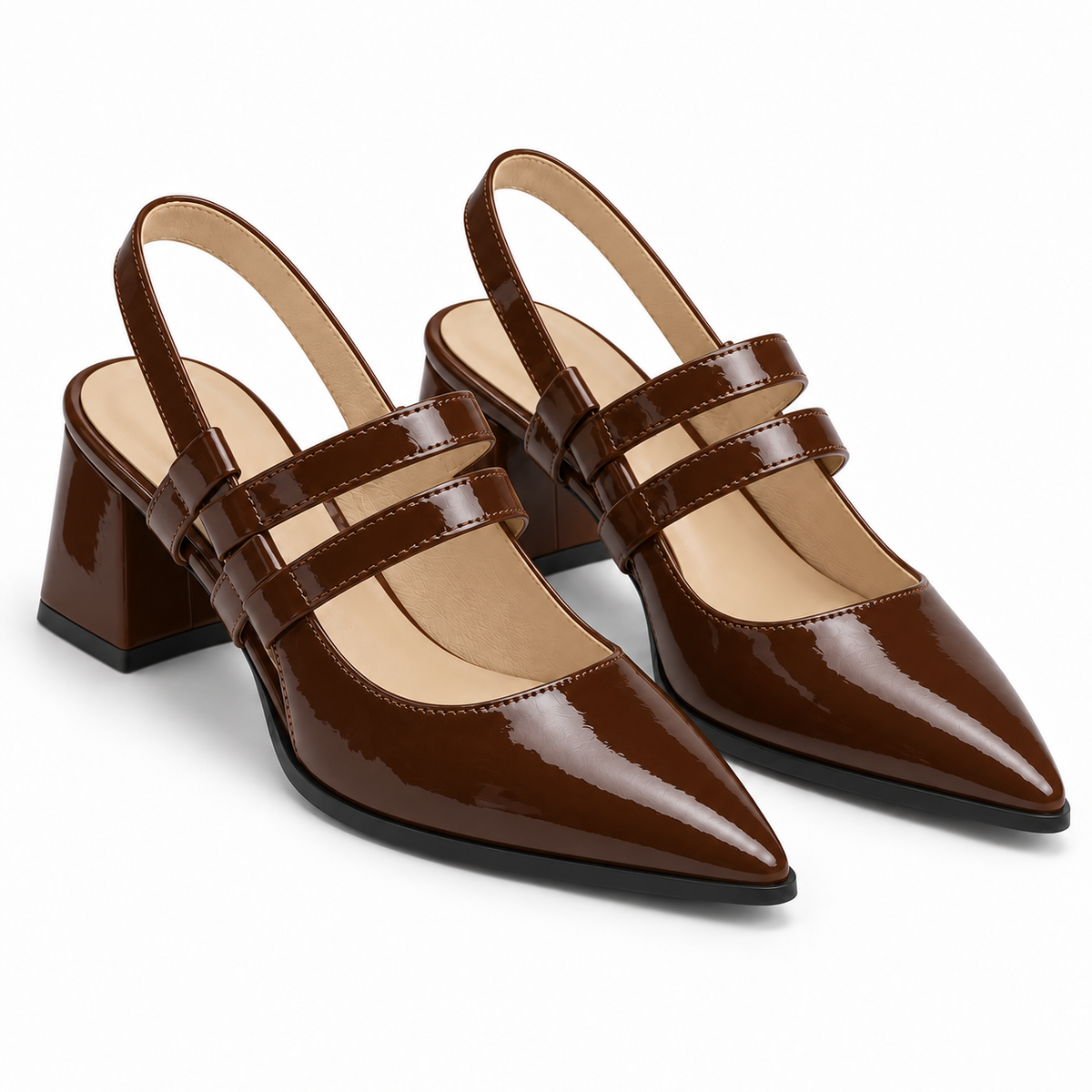 Slingback Heels Chocolate – جزمة كعب حريمي سلينج باك جلد لامع شوكولاتة، من قدام – ECADRA