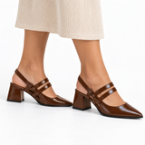 Slingback Heels Chocolate – جزمة كعب حريمي سلينج باك جلد لامع شوكولاتة، على الرجل – ECADRA
