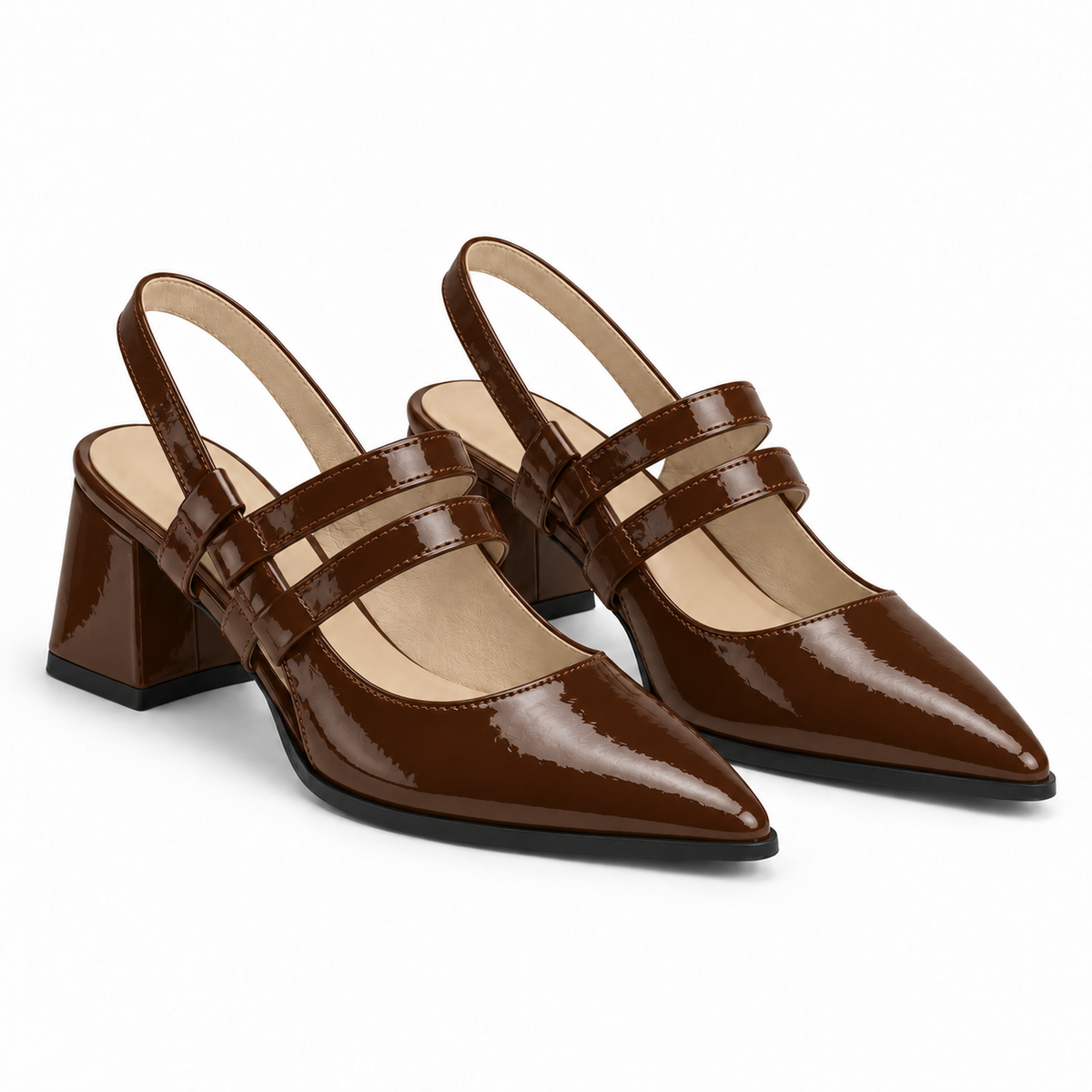 Slingback Heels Chocolate – جزمة كعب حريمي سلينج باك جلد لامع شوكولاتة، من الجنب – ECADRA
