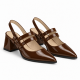 Slingback Heels Chocolate – جزمة كعب حريمي سلينج باك جلد لامع شوكولاتة، من الجنب – ECADRA