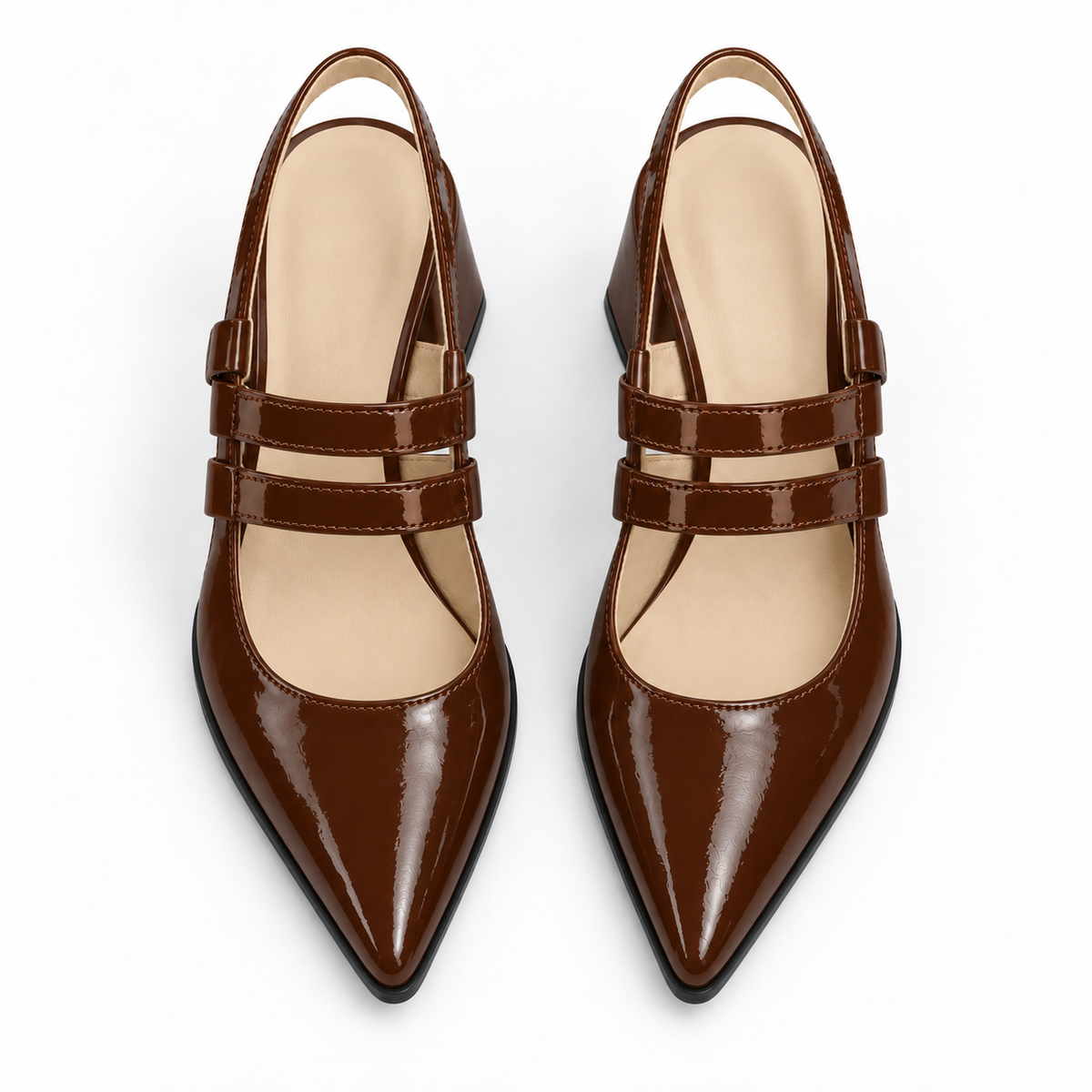 Slingback Heels Chocolate – جزمة كعب حريمي سلينج باك جلد لامع شوكولاتة، من فوق – ECADRA