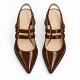 Slingback Heels Chocolate – جزمة كعب حريمي سلينج باك جلد لامع شوكولاتة، من فوق – ECADRA