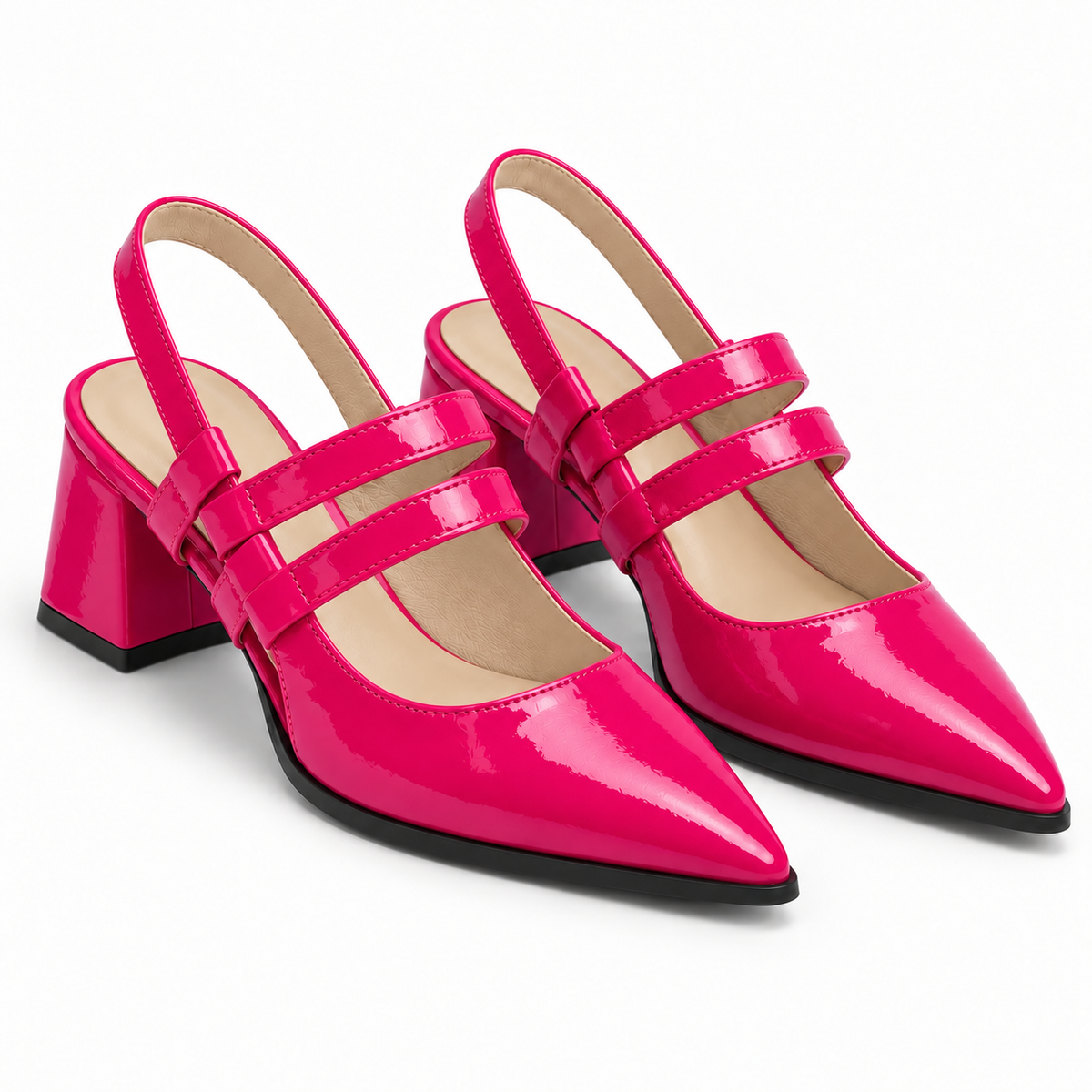 Slingback Heels Fuchsia – جزمة كعب حريمي سلينج باك جلد لامع فوشيا، من قدام – ECADRA