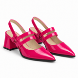 Slingback Heels Fuchsia – جزمة كعب حريمي سلينج باك جلد لامع فوشيا، من الجنب – ECADRA