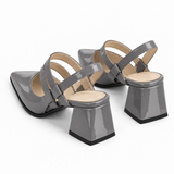 Slingback Heels Gray – جزمة كعب حريمي سلينج باك جلد لامع رمادي، من ورا – ECADRA