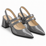 Slingback Heels Gray – جزمة كعب حريمي سلينج باك جلد لامع رمادي، من قدام – ECADRA
