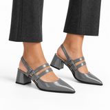 Slingback Heels Gray – جزمة كعب حريمي سلينج باك جلد لامع رمادي، على الرجل – ECADRA