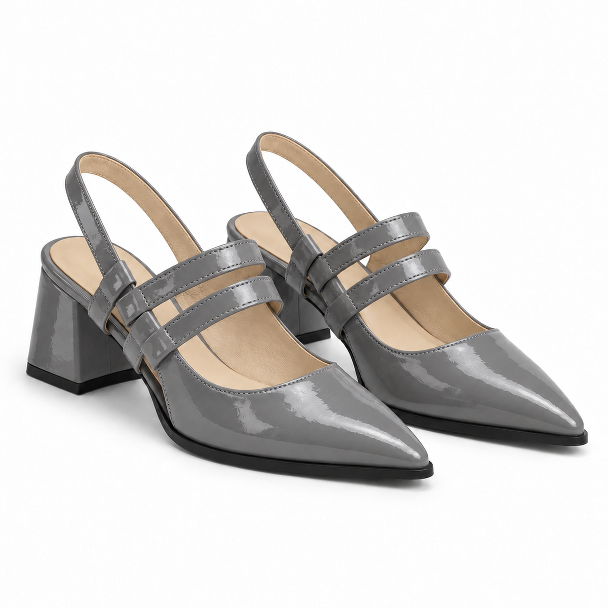 Slingback Heels Gray – جزمة كعب حريمي سلينج باك جلد لامع رمادي، من الجنب – ECADRA